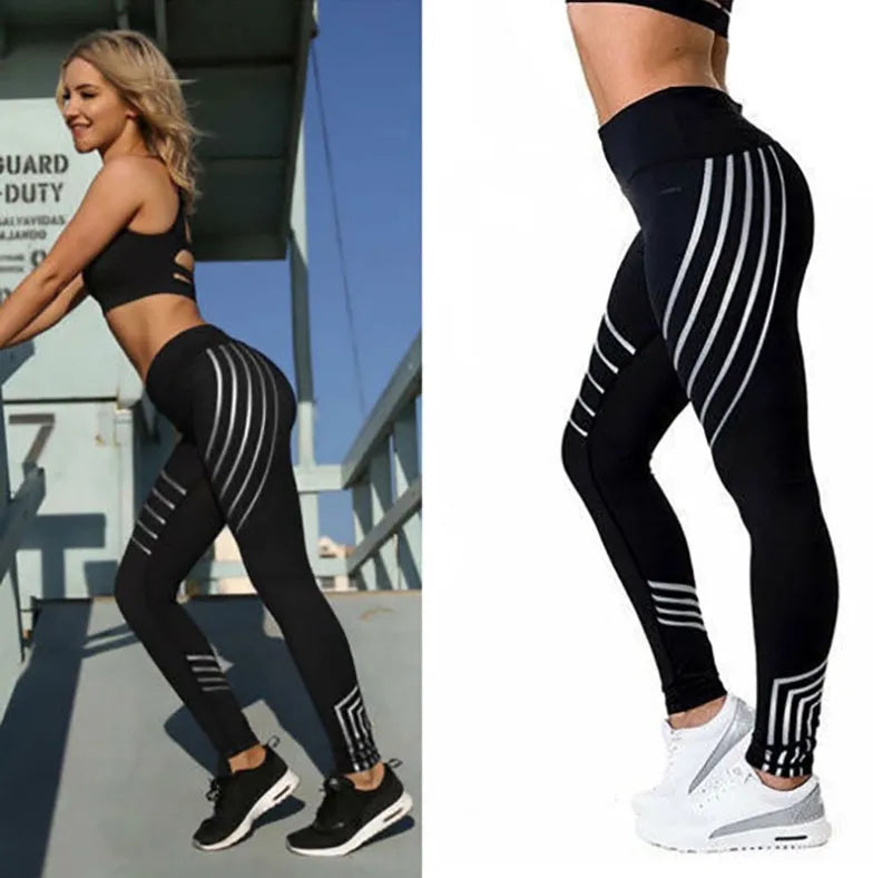 Women's reflective workout leggings with glow print in black and white colours showing slim-fit pencil pants design