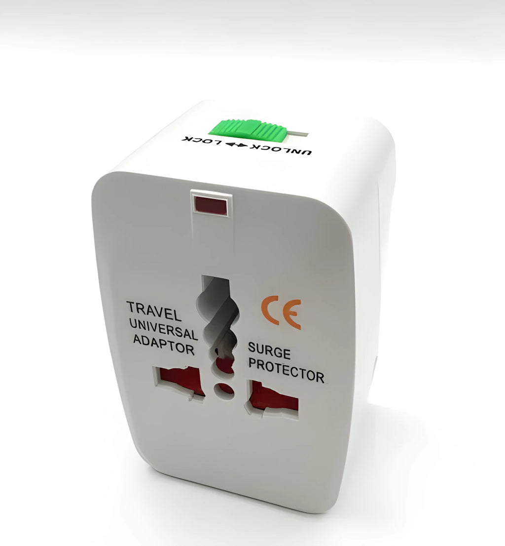 Universal travel plug converter measuring 73x50x39mm for global device charging