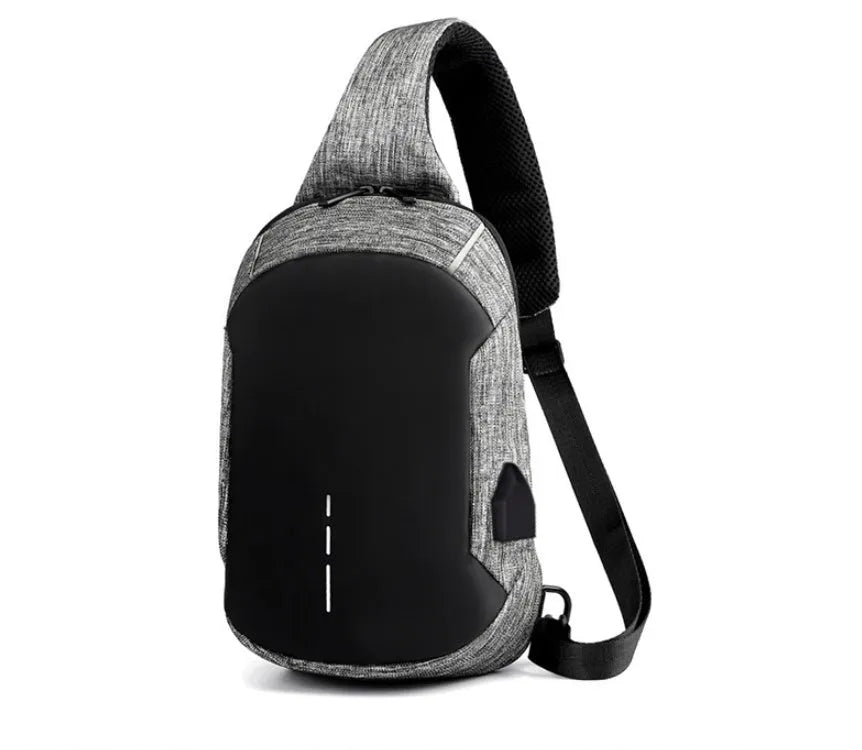 Dark blue waterproof oxford cloth chest bag showing front zipper and crossbody strap