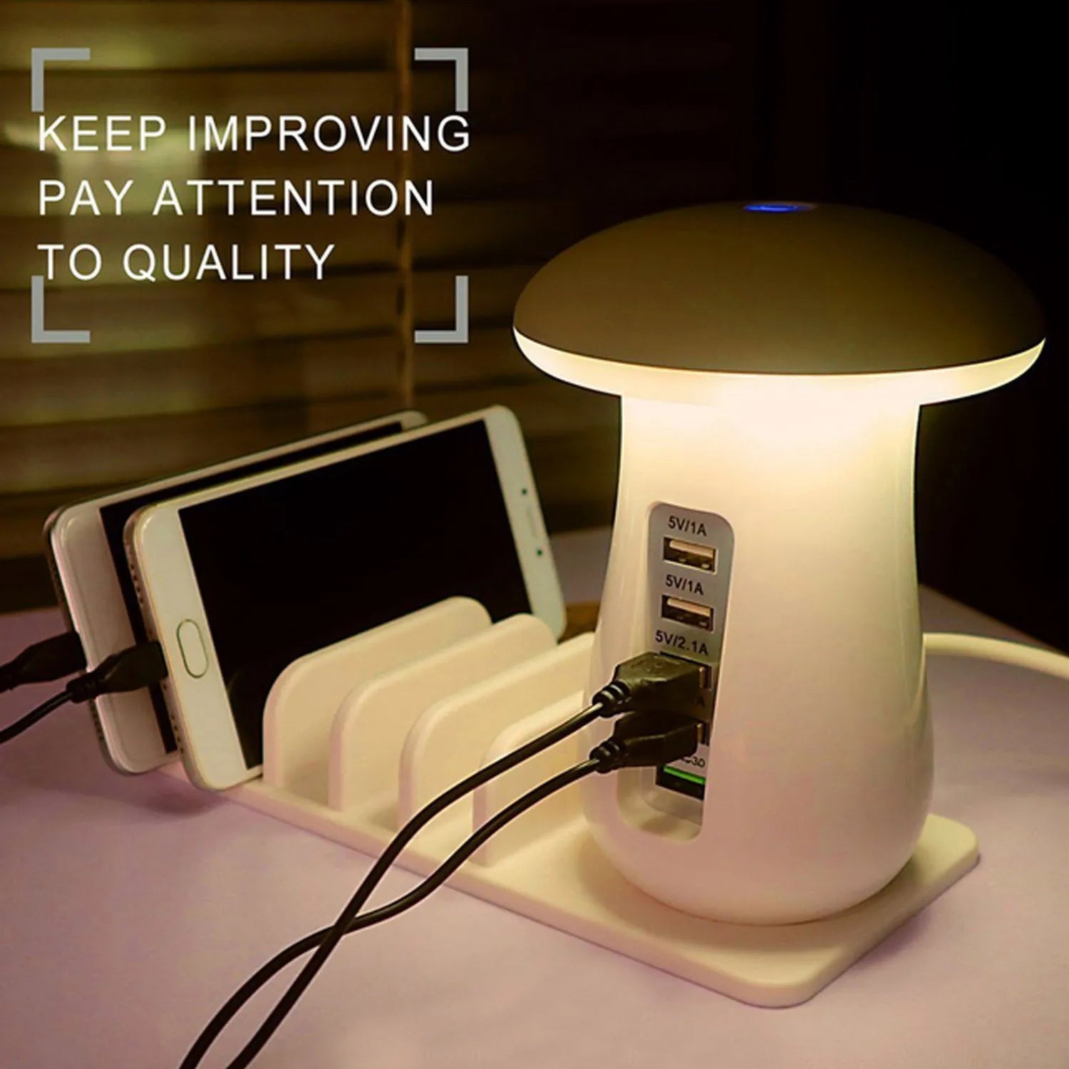 Besegad mushroom-shaped USB charging dock station with LED night light and 5 ports