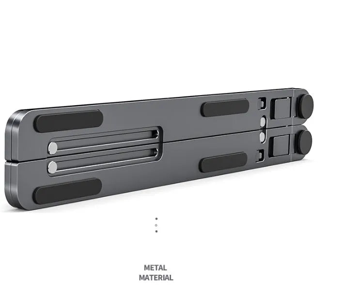 Aluminium foldable laptop stand in silver colour set to medium height with a laptop on top.