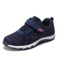 Women's solid color mesh wedge shoes with velcro strap and 3-5cm heel in Gray Purple or Black Rose Red