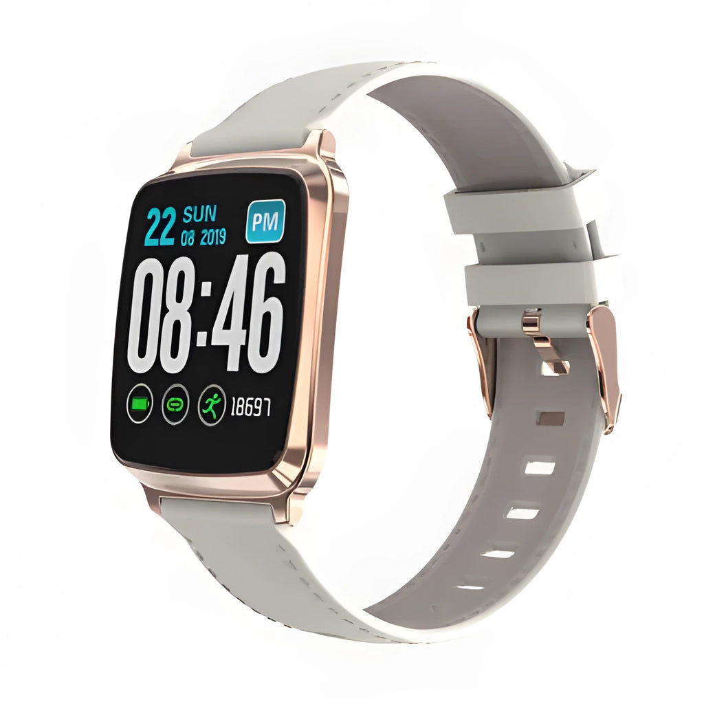 M8 smart fitness bracelet showing heart rate monitoring on screen, in black colour with metallic clasp.