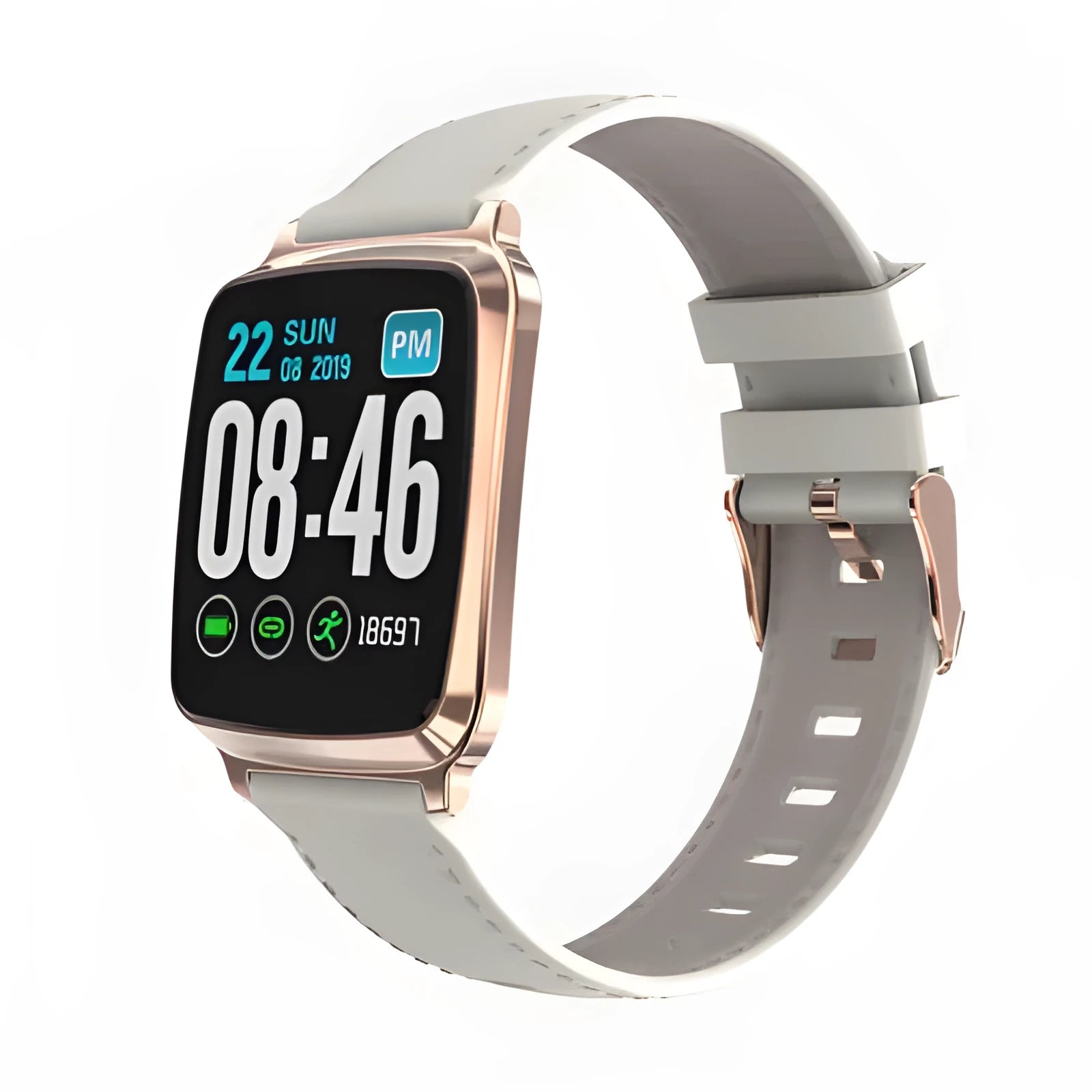 M8 smart fitness bracelet showing heart rate monitoring on screen, in black colour with metallic clasp.