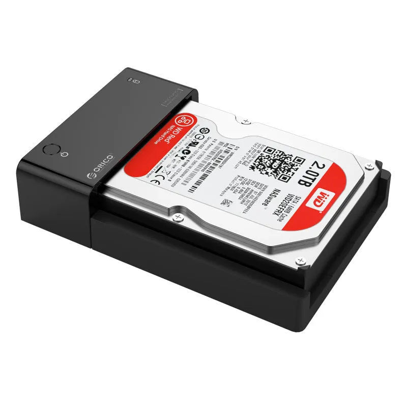 Black universal SATA hard drive enclosure for 2.5-inch and 3.5-inch drives with data cable.