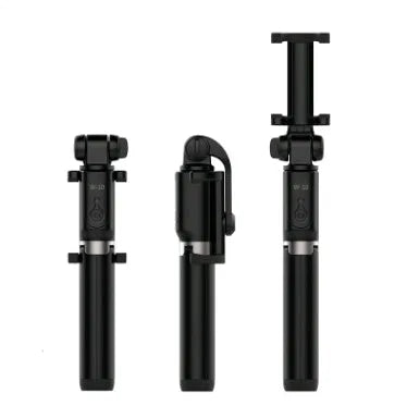 Black aluminium alloy Bluetooth selfie stick with tripod bracket extended, holding smartphone