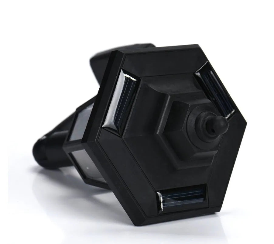 Black hexagonal solar wall light for outdoor use with automatic sensor and IP44 waterproof rating.