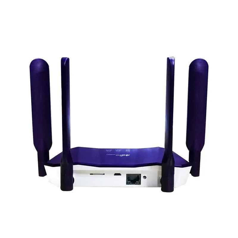 Blue dual-mode 4G and wired router with four extended antennas on a desk