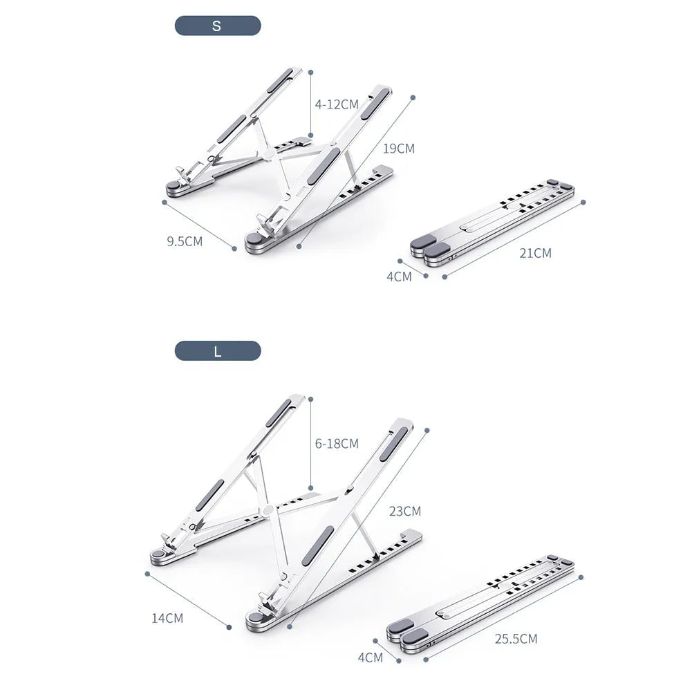 Aluminium foldable laptop stand in silver colour set to medium height with a laptop on top.