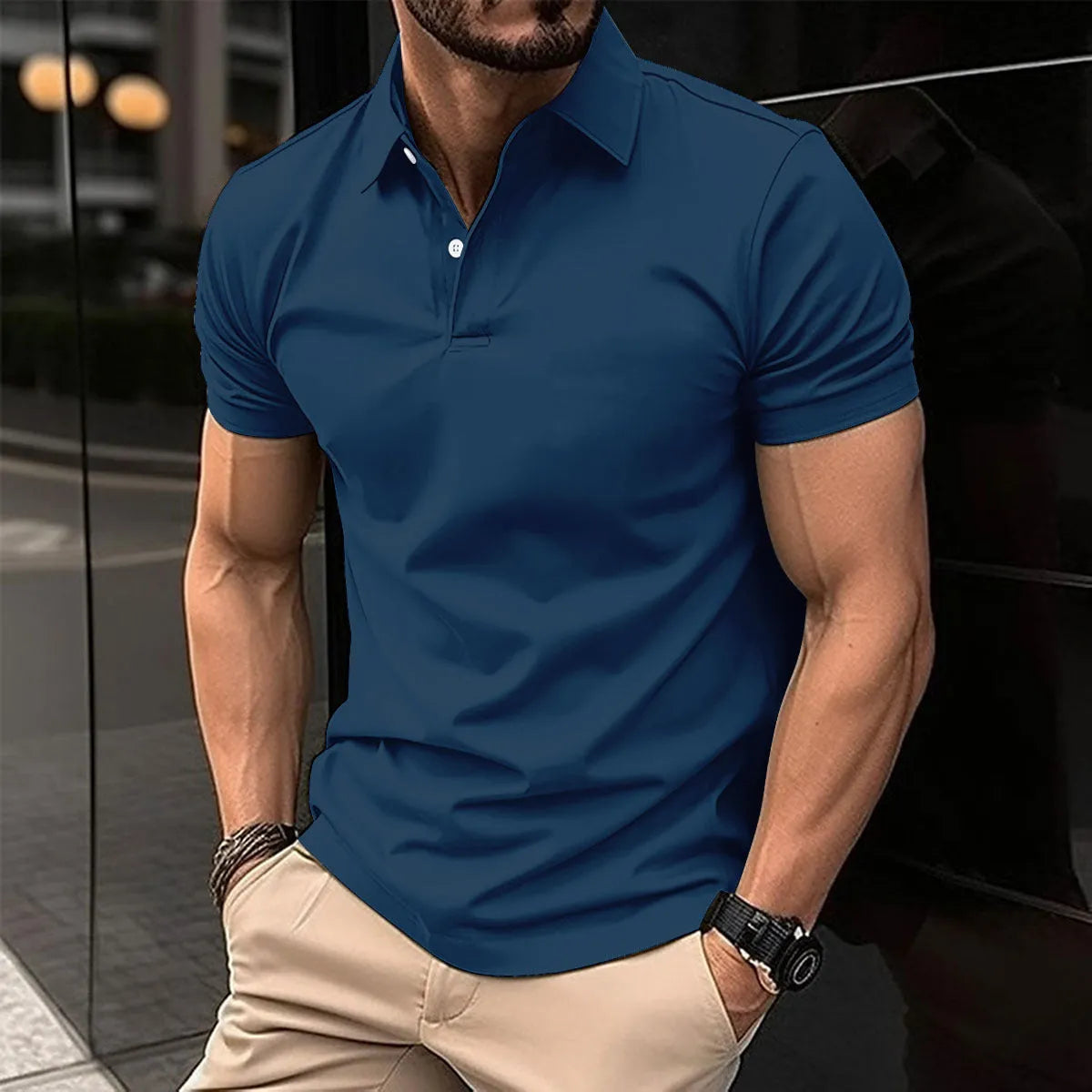 Man wearing a solid colour short sleeve polo shirt with a button lapel.