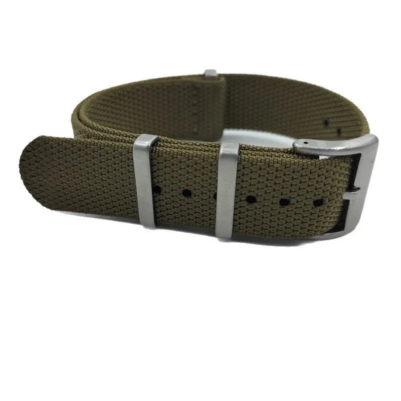 Nylon watch strap in five colours showing black, light grey, blue, khaki and green options