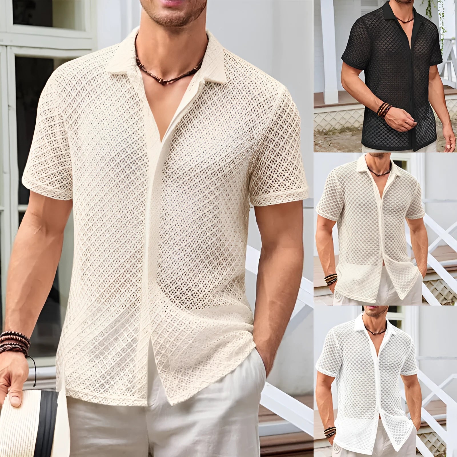 Men's short sleeve lapel shirt in mesh fabric available in milky white, white, and black colours