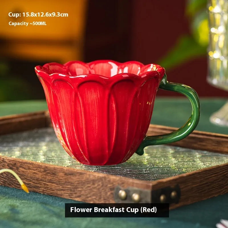 Ceramic breakfast cup with floral pattern showing 500ml capacity measurement