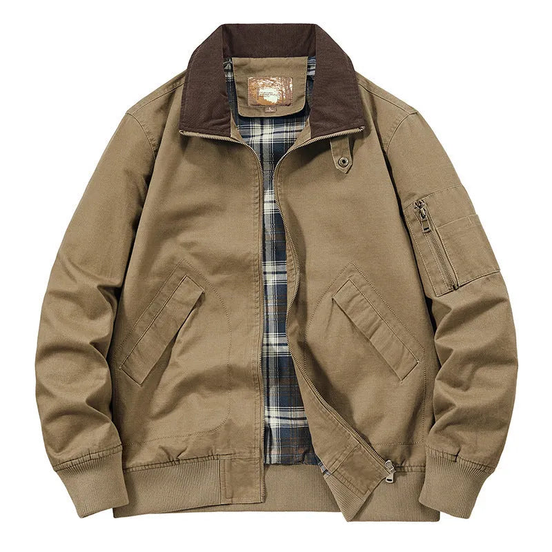Men's plus size washed cotton flight jacket in camel colour on a hanger.