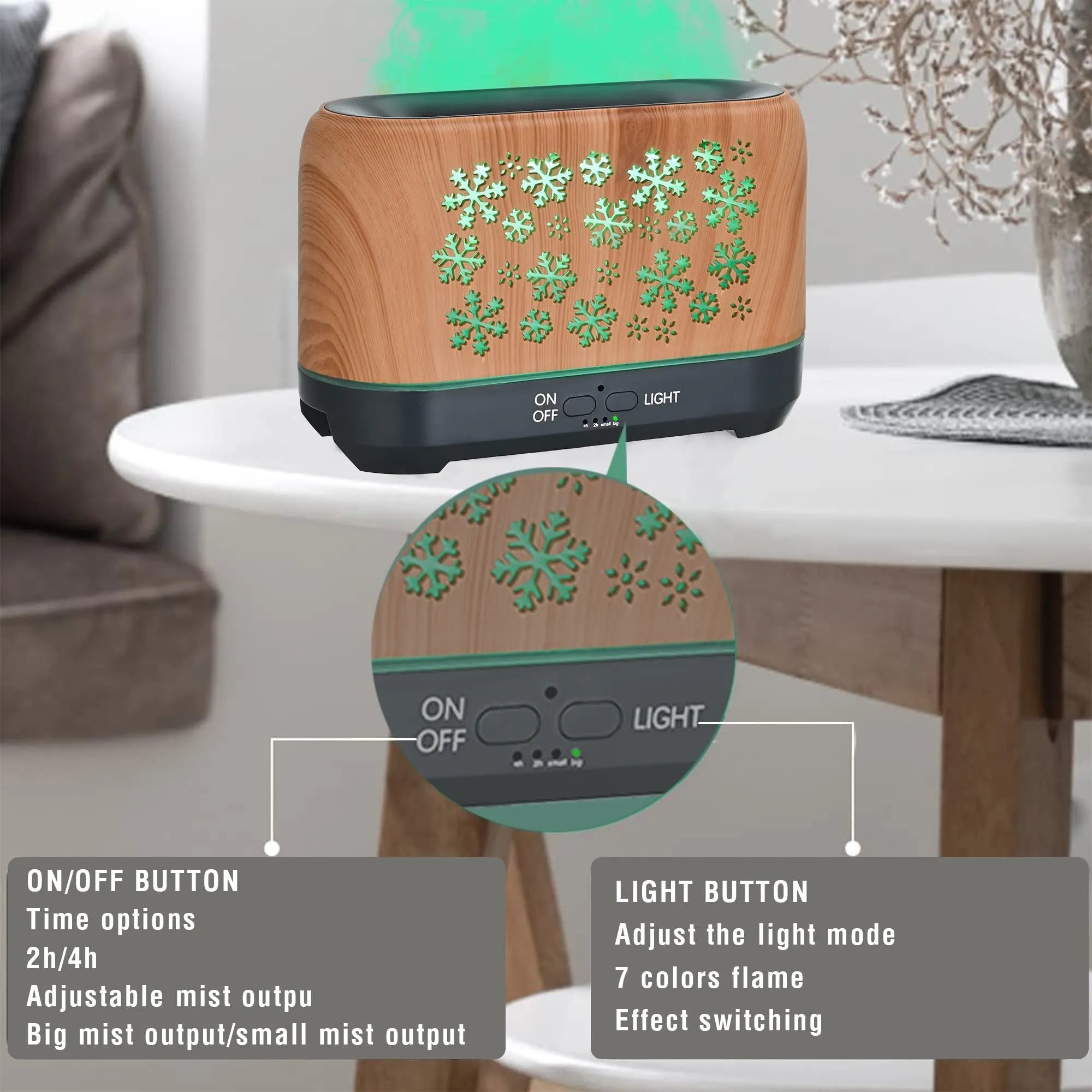 Colourful snowflake wood grain desktop humidifier with remote control and flame lighting effect