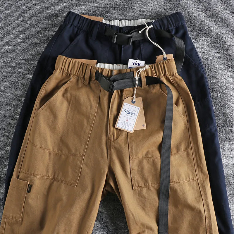 Men's khaki cotton work trousers with straight leg design and zipper fly