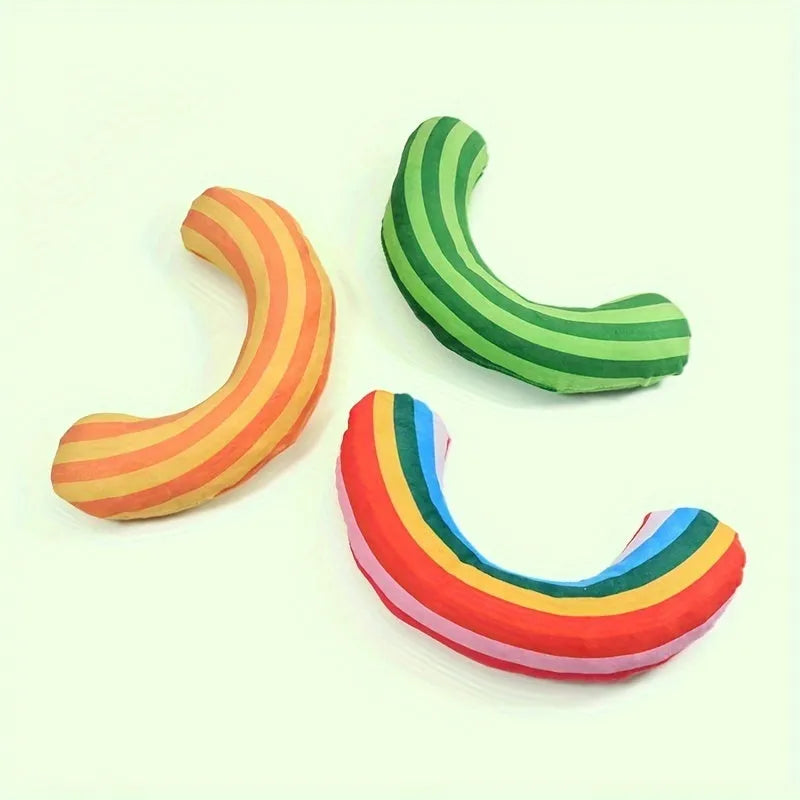 Striped green cat toy pillow with noise maker measuring 23cm alongside three additional cat toys