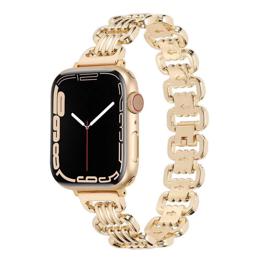 Silver alloy metal bracelet for an Apple watch on a wrist, showing the connector and band detail.