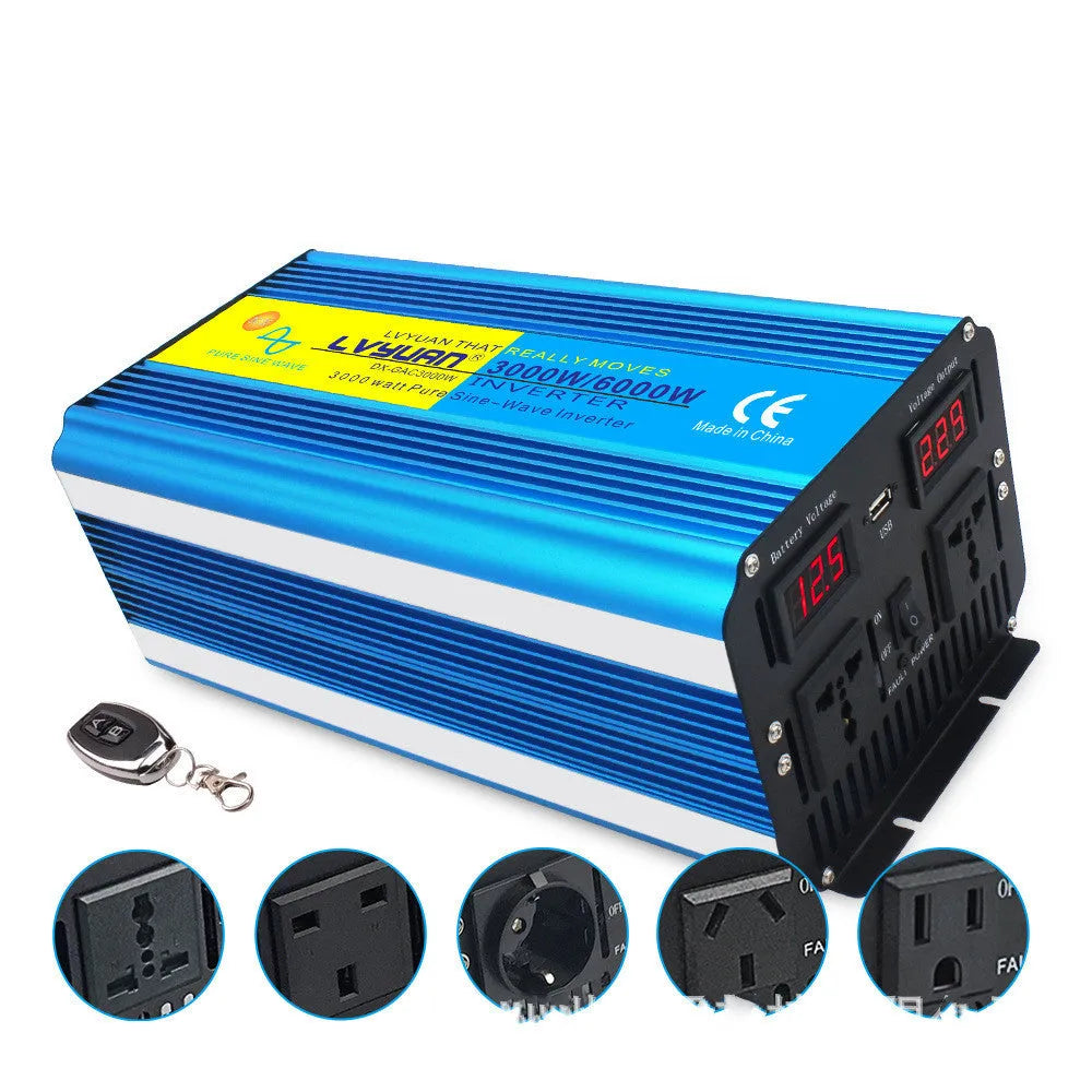 Blue car power inverter with digital displays and UK sockets for 12V to 220V conversion