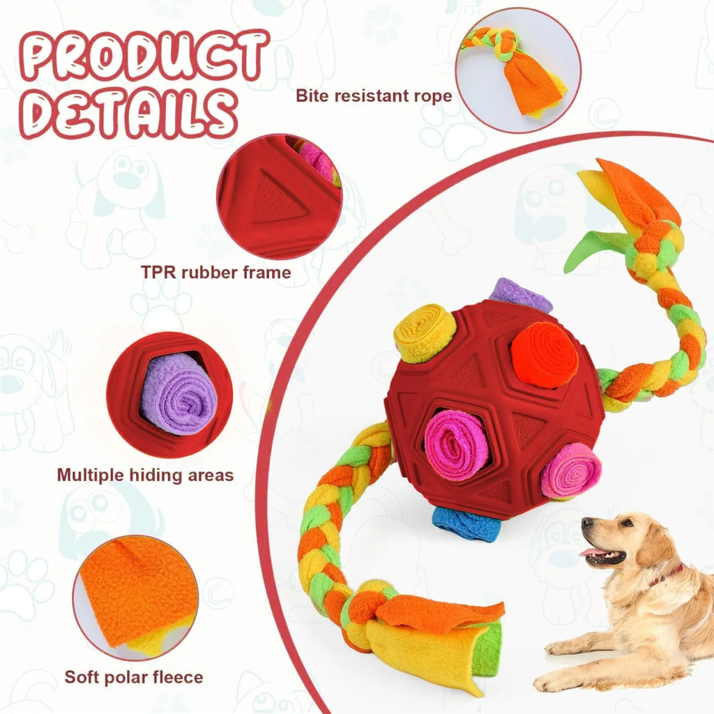 Dog puzzle ball toy with multiple openings for treat hiding, available in eight colours