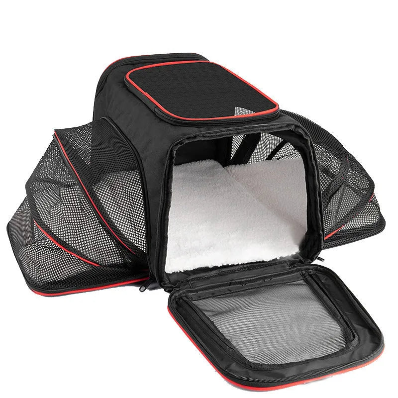 Large and small size cat carrier bag made from 600D cation fabric in black, grey blue, and grey green colour options