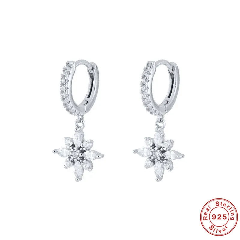 Sterling silver snowflake pendant earrings with geometric design in yellow gold or white gold colour