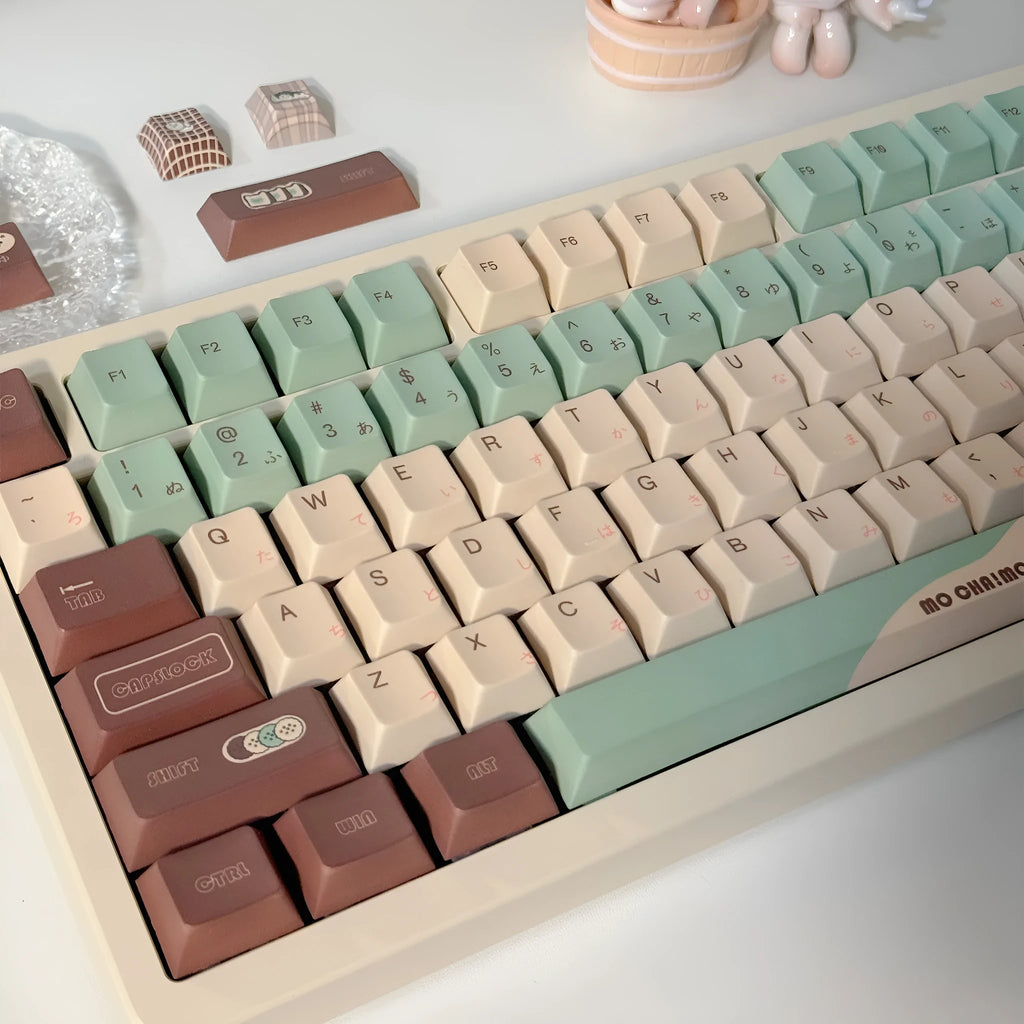 Matcha Theme coloured mechanical keyboard keycaps with five-sided sublimation printing and key puller tool
