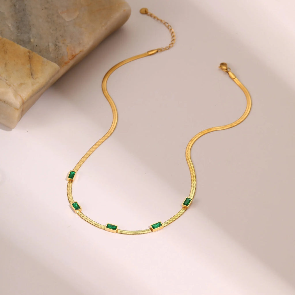 Geometric square zircon pendant necklace on flat snake chain with gold electroplated finish