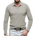 Men's dark grey polo collar long sleeve cotton t-shirt in American retro style laid flat.