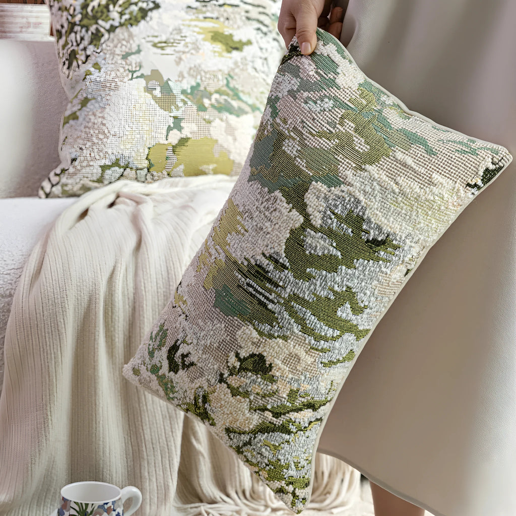 Antique green wool blend pillowcase with French style spring flowers botanical pattern, shown in square and waist sizes.