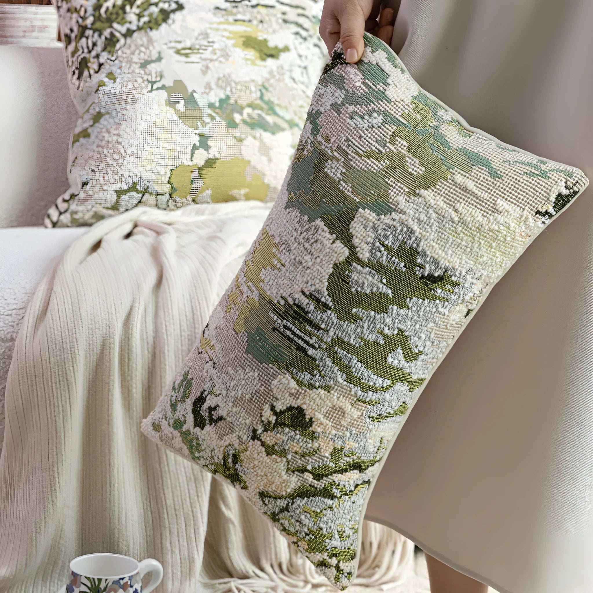 Antique green wool blend pillowcase with French style spring flowers botanical pattern, shown in square and waist sizes.