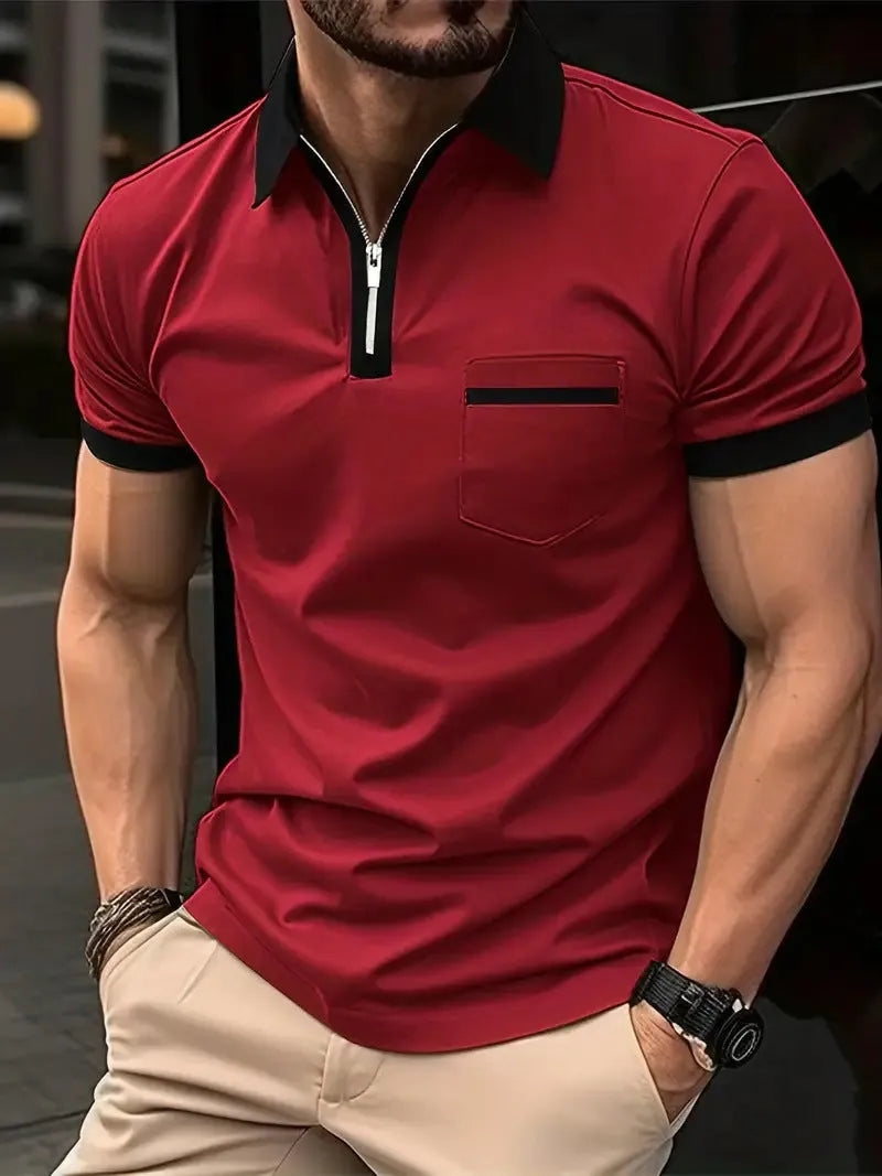 Men's loose-fit casual short-sleeved shirt with a chest pocket and decorative zip detail on the front.