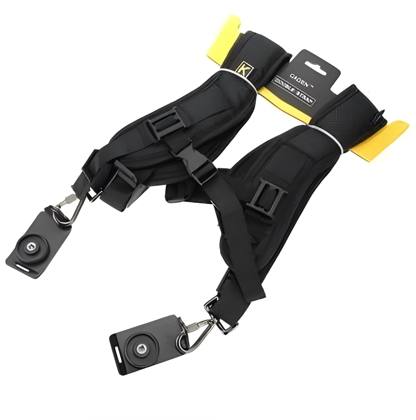 Black dual shoulder SLR camera strap showing two camera attachment points and thick shoulder padding