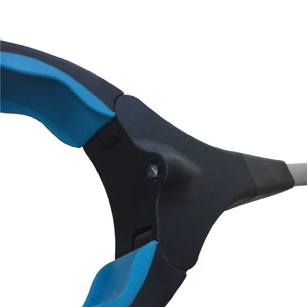Blue foldable golf ball collector with extended telescopic aluminium tube and stainless steel head
