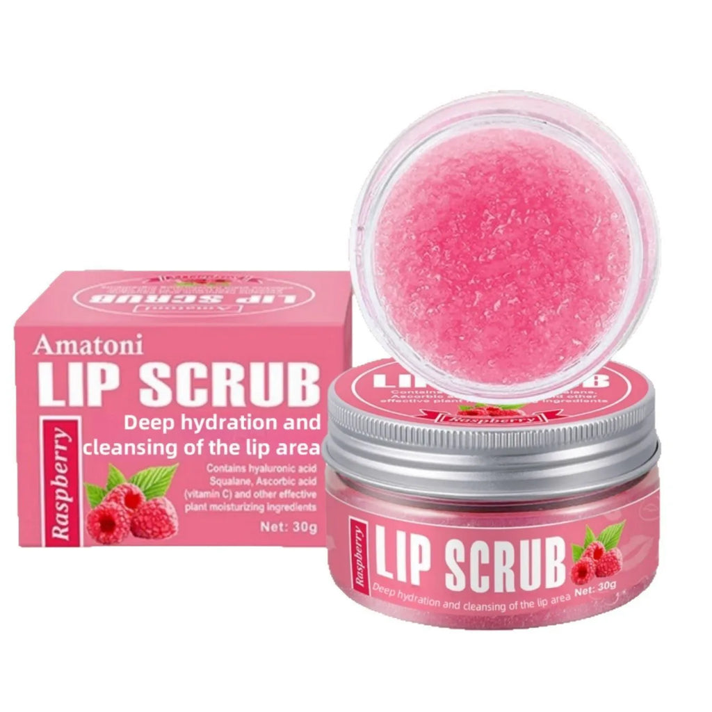 Amatoni fruit flavour lip scrub cream jar in 30g size, showing flavour options.