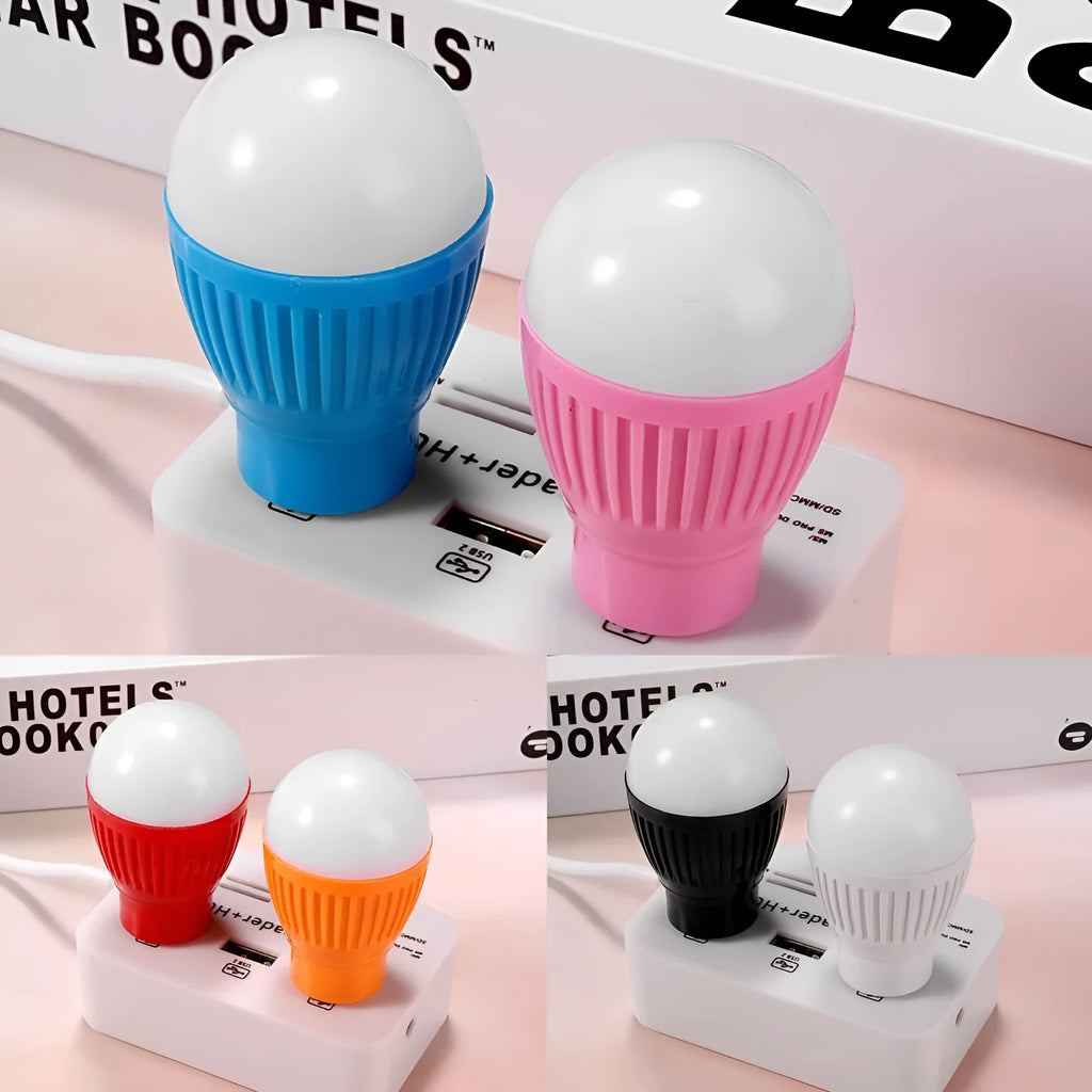 Mini USB LED lamp portable night light in black with USB cable, showing compact design for travel use