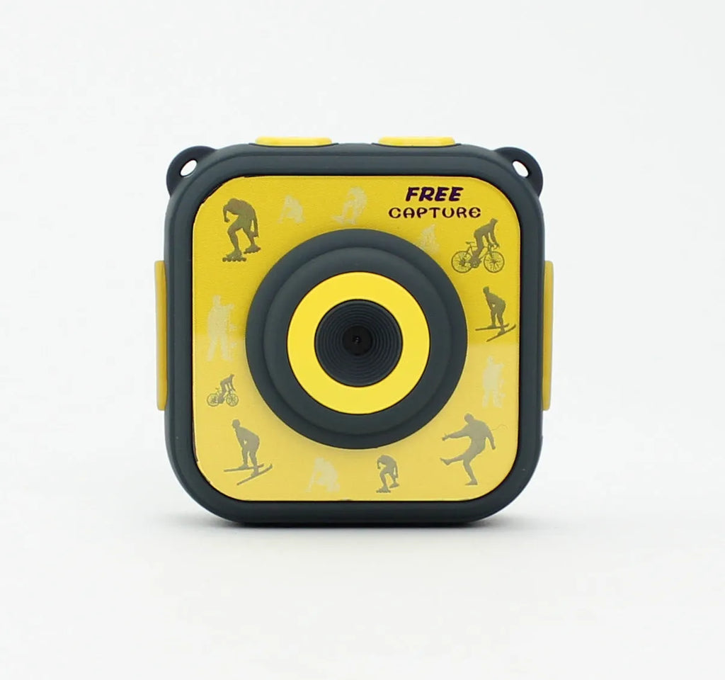 Yellow children's waterproof sports camera showing 1.77-inch LCD screen and compact 60mm design