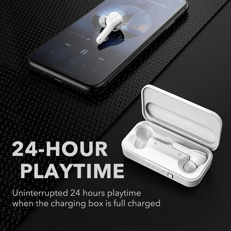 Black and white TWS wireless Bluetooth 5.0 headphones with IPX5 waterproof rating.