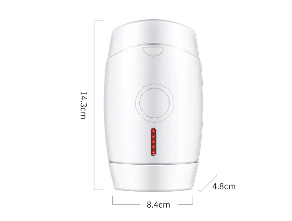 White home laser hair removal instrument with display, shown next to its UK plug and adapter.