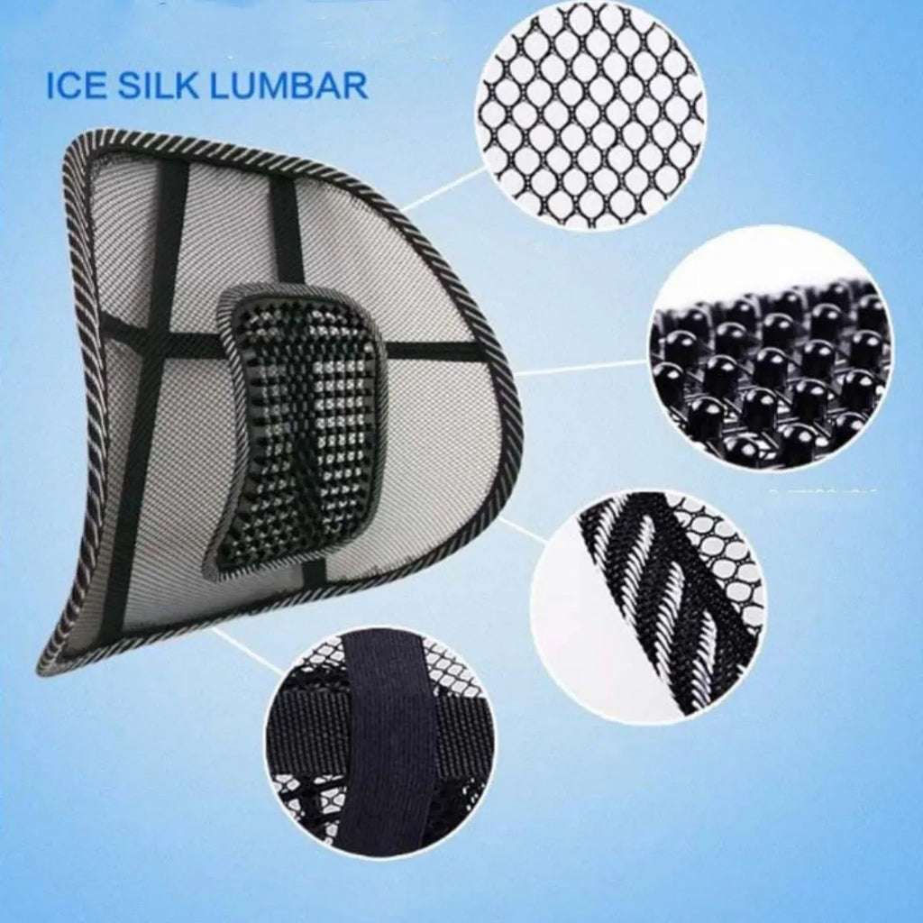 Black leather-textured lumbar support pillow for car seats measuring 41x39 cm