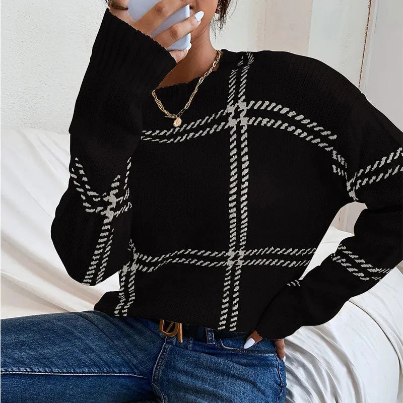 Women's casual plaid colour-block acrylic sweater with apricot, black, beige, red, and green stripes.