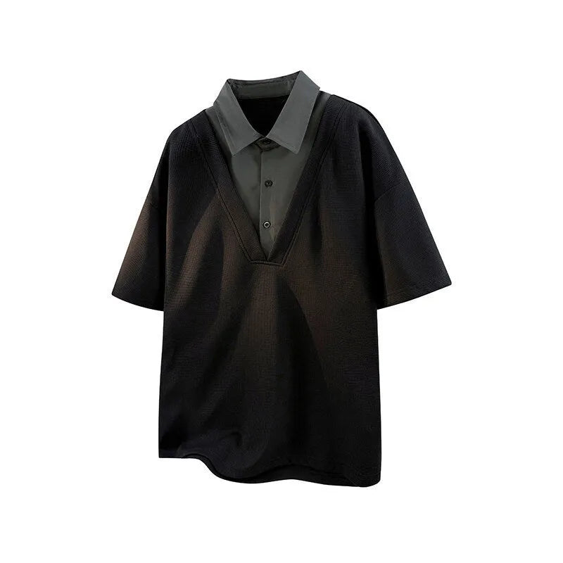Men's black padded Henry collar polo shirt sweater with short sleeves in spandex fabric