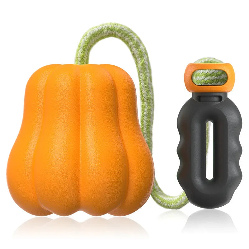 Orange plastic dog toy with rope attachment for outdoor throwing games