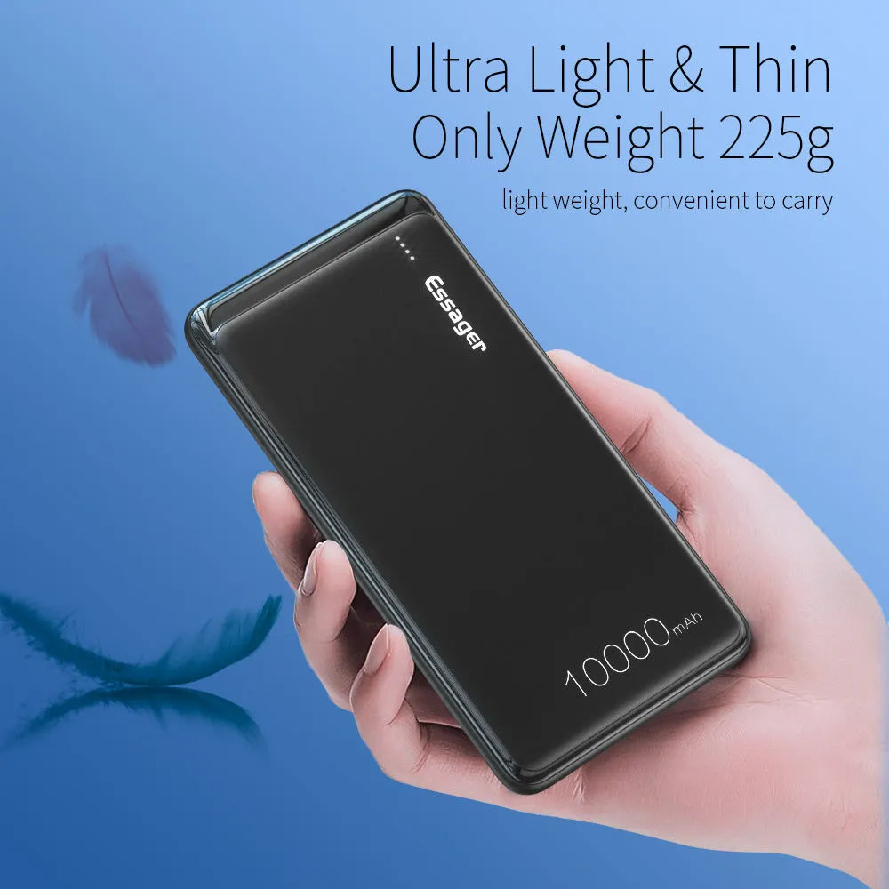 Essager Small Jane 10000mAh portable power bank in black or white showing dual USB ports and LED indicators