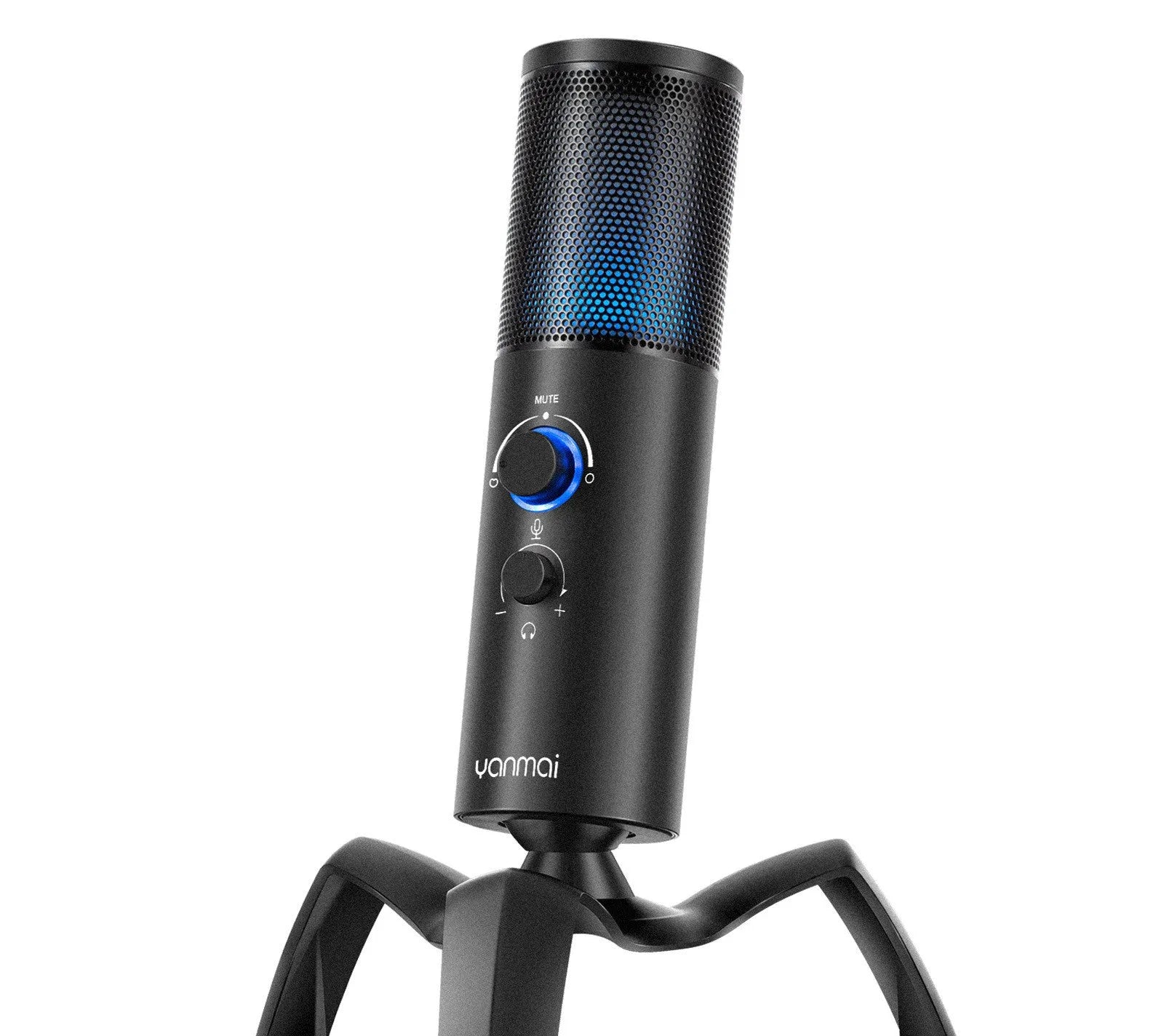 Black Q18 USB condenser microphone with RGB lights on tripod stand