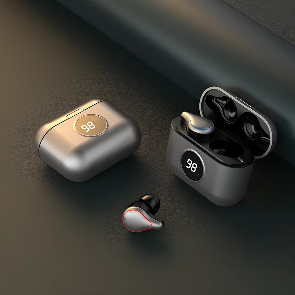 Wireless Bluetooth earbuds with two earplug types in black and blue colours