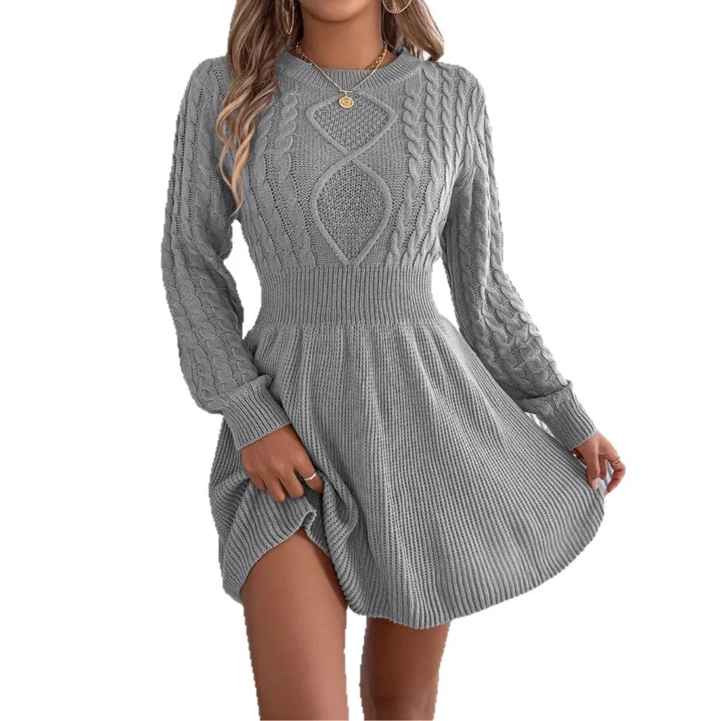 Women's long sleeve sweater dress with lantern sleeves and elastic waist in solid colour