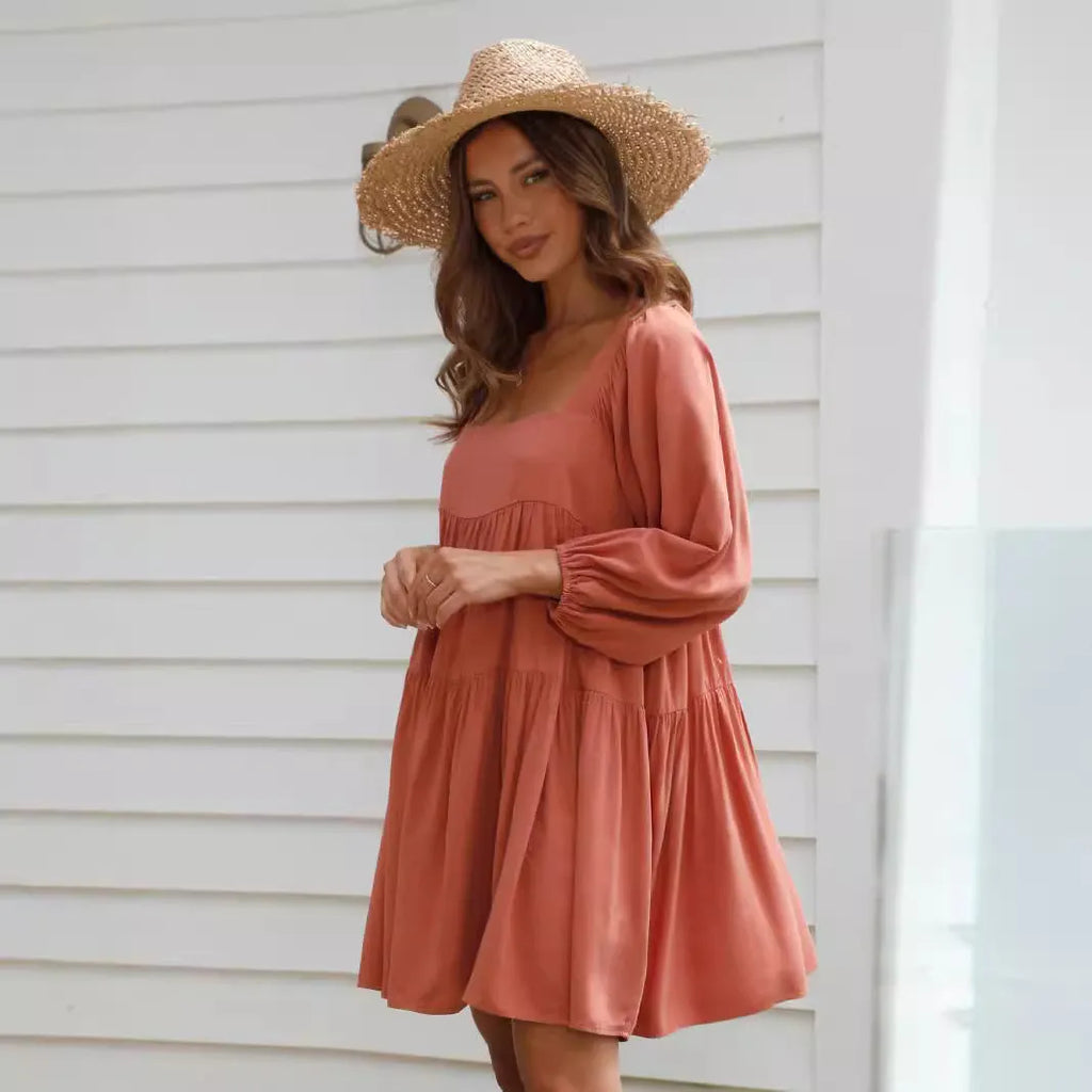 Children's orange red backless dress with puff sleeves and square collar, A-line skirt