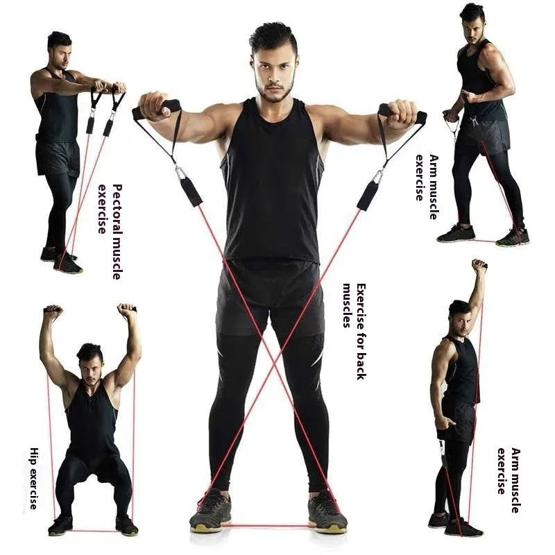 11-piece multi-functional door-mounted resistance training set with pulling rope and ABS plastic hooks.