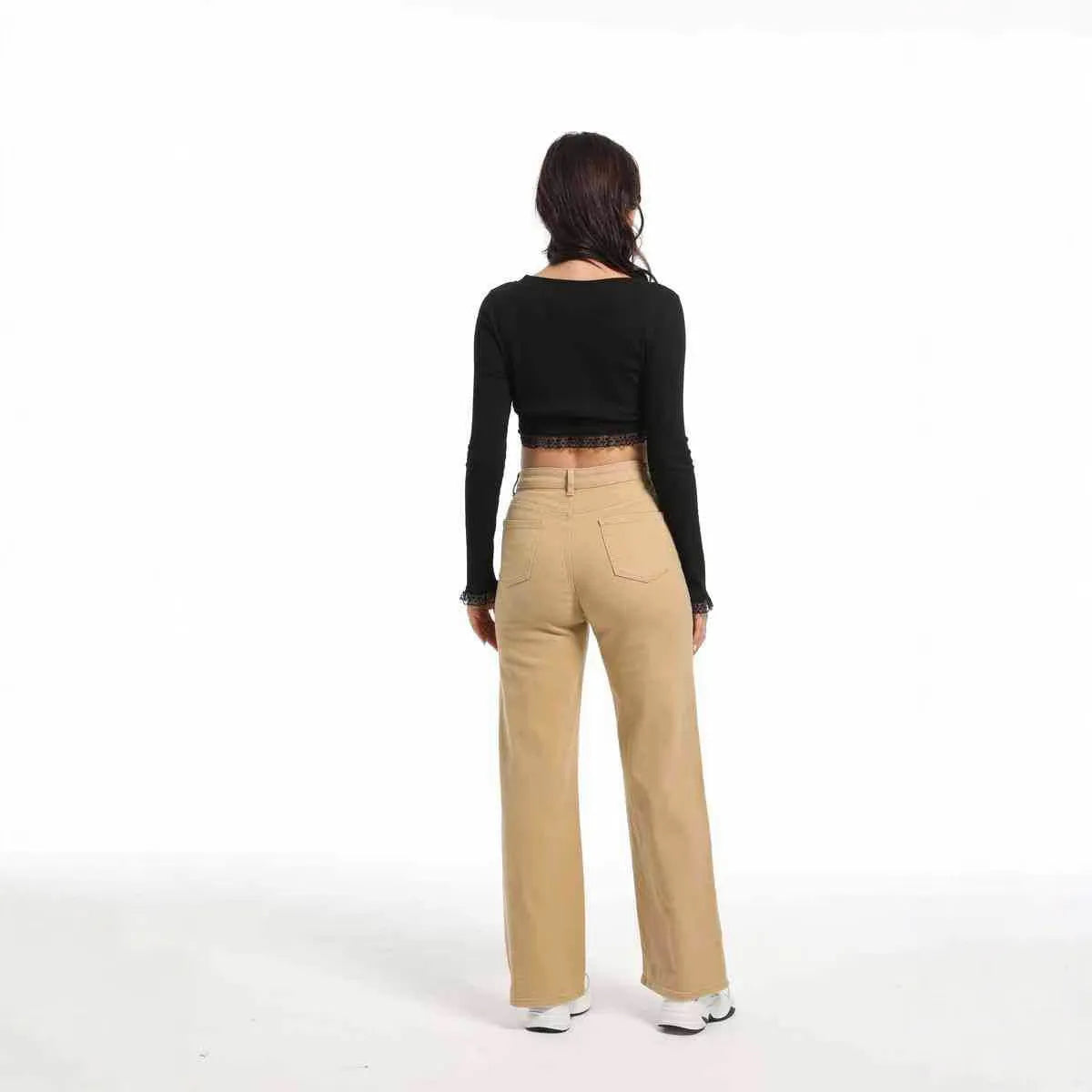 Women's autumn straight leg jeans in wide leg high waist style, apricot colour
